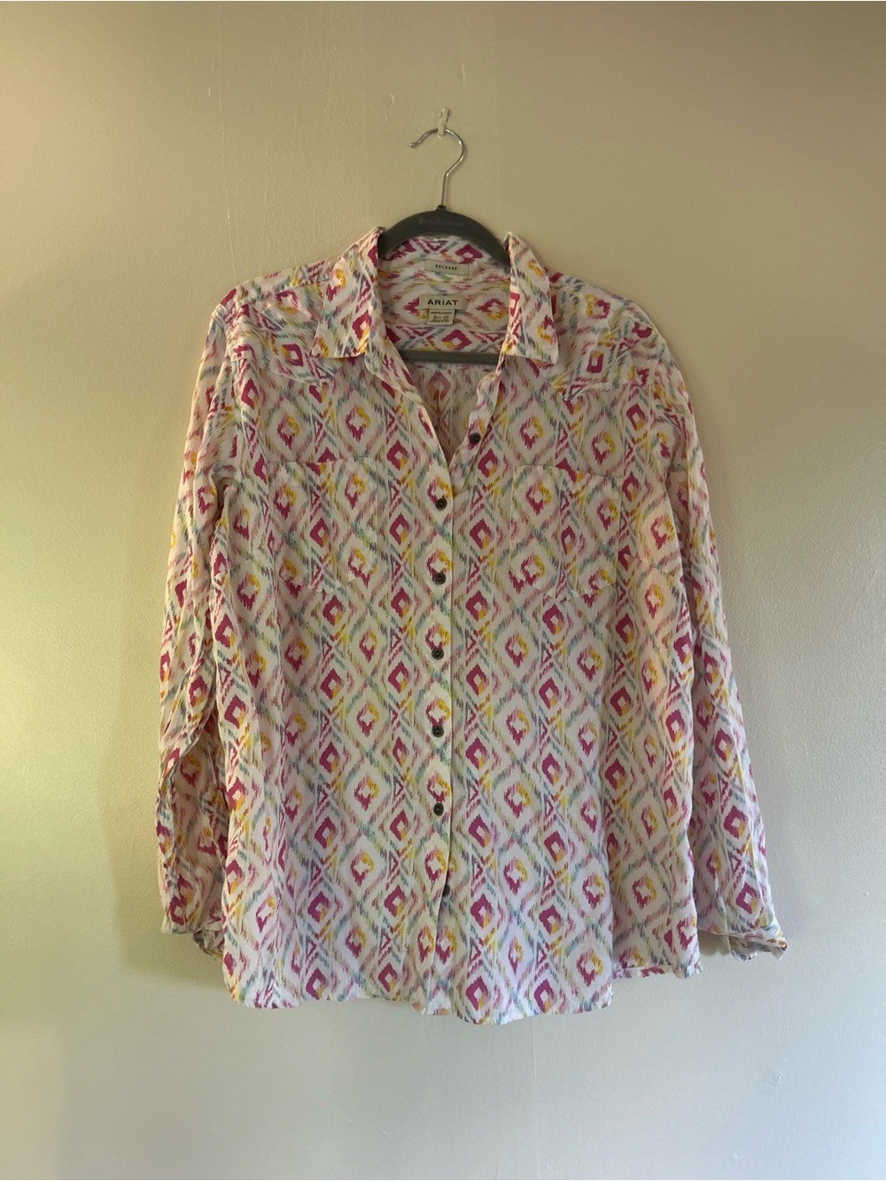 Ariat Women’s Pink and Yellow Geo Print Button-Down Shirt